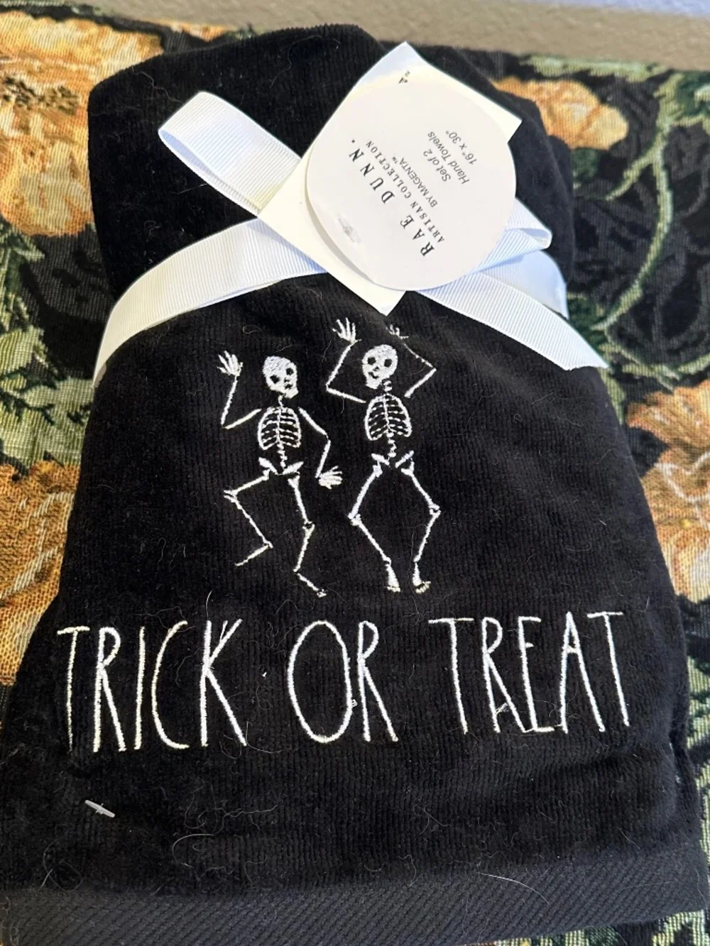 Rae Dunn Trick or Treat Skeleton Hand Towels. Set of Two